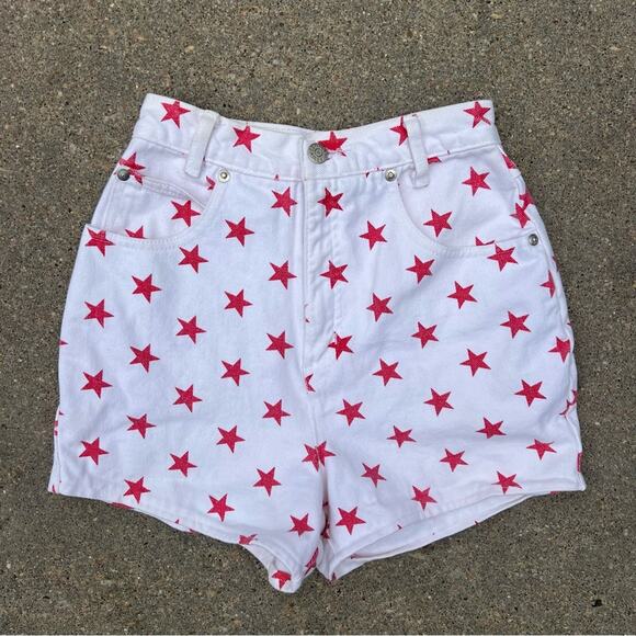 Vintage 90s Mixed Blues America Fourth of July Star Spangled Jean Shorts - Picture 1 of 7